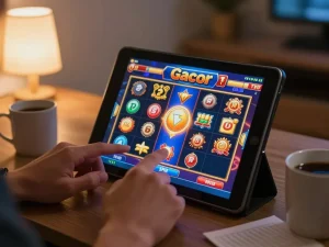 Experience the excitement of slot gacor games as players enjoy thrilling spins on their devices in a cozy home setting.