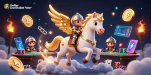 Join the game with Daftar Dominobet Poker, featuring an enchanting scene of knights and poker elements.
