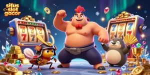 Swing into excitement with situs slot gacor, featuring dynamic slot reels and lively characters in a vibrant casino scene.