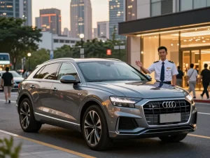 cho thuê xe ô tô hạng sang trong một bối cảnh đô thị sôi động với một chiếc Audi Q8 và tài xế chuyên nghiệp, thể hiện sự sang trọng và dịch vụ ưu việt.