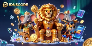 Experience thrilling gameplay with IDNSCORE's vibrant 3D scene showcasing exciting slot and crypto elements.