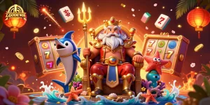 Play exciting slots with LGODEWA's vibrant 3D animated gaming illustration, featuring stellar casino elements.
