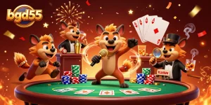 Experience bgd55 fun with hyenas in a vibrant casino scene filled with poker elements.