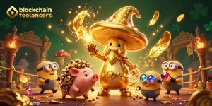 Blockchain freelancers transform games with a magical golden wizard in a vibrant casino scene.