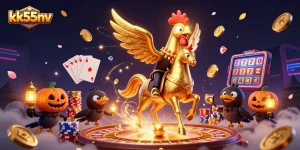 Experience the magic of kk55nv with a golden rooster and mystical crows at a lively casino.
