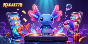 KADAL778 showcases a vibrant underwater casino scene with a neon DJ and lively aquatic characters.