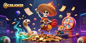 Experience thrilling wins at IDC88JOKER with vibrant prizes and energetic gameplay in this casino-themed illustration.