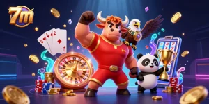 Experience winning moments with 7m, where the bull mascot celebrates a victory among vibrant casino elements.