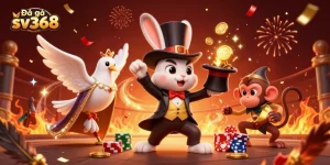 Engage in Đá gà sv368 as a magician rabbit conjures coins amidst a vibrant cockfighting scene.