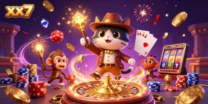 Engaging illustration of a cat archaeologist discovering casino treasures at xx7