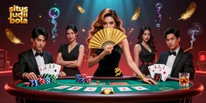 Engage in situs judi bola with an elegant atmosphere featuring a stunning Asian woman at a poker table.