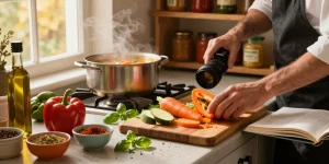 Delikate Zubereitung einer vegetarischen Suppe mit frischen Zutaten und warmer Küchenatmosphäre.