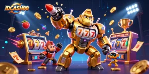 Join the excitement at IDCASH88 with a 3D illustration of a golden gorilla mech celebrating slot wins.