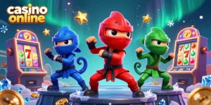 Joacă la casino online cu sloturi captivante și simboluri fructe, înconjurat de ninja colorați.