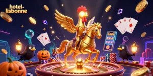 Experience the thrilling casino atmosphere of hotel-lisbonne with golden rooster characters amidst cascading coins.