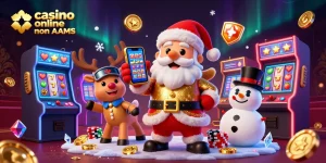 Vivi l'emozione del casino online non AAMS con Babbo Natale e amici in una scena di gioco vivace.