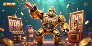 MPOID energizes players with a dynamic 3D golden gorilla mech in a vibrant casino scene.