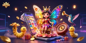Experience excitement with IDNSCORE as the butterfly queen rules over a vibrant casino landscape filled with games and gold.