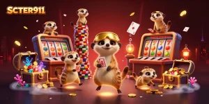 Engage with SCATTER911's thrilling casino scene featuring meerkats in action with vibrant jackpot gaming elements.