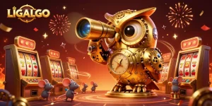 LIGALGO showcases a captivating casino scene with a golden owl and dynamic slot features.