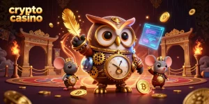 Scopri il mondo dei crypto casino con l'illustrazione di un gufo viaggiatore e un topo in un'atmosfera fantastica.