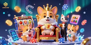 Experience thrilling gaming with IDNSCORE, showcasing a royal corgi on a poker chip throne amid vibrant casino elements.