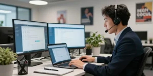 Telus-Technical-Support provided by a professional in a modern office, assisting clients through laptop troubleshooting.