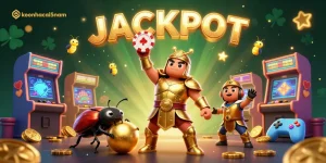 Join the keonhacai5nam celebration as the victorious beetle lifts a poker chip, surrounded by glowing casino elements.