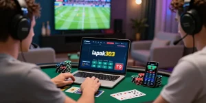 Seorang pengguna lapak303 sedang bermain judi online dengan laptop dan aksesori kasino di lingkungan modern.