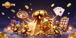 KADAL778 showcases a vibrant 3D scene with golden beetles working on a pyramid of coins, highlighting interactive casino gaming.
