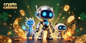Explorez les crypto casinos avec cette illustration dynamique mettant en avant un robot et un dragon AI.