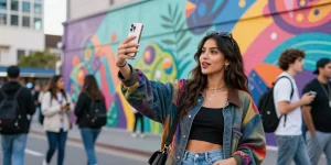Young woman excitedly discovering which celebrities she looks like in a vibrant urban setting.