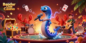 Immerse in Bandar Live Casino with a vibrant underwater scene featuring electrifying characters and casino elements.