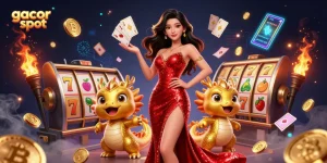 Experience gacor slot excitement with a stunning Asian woman in a glamorous gown, dynamic game elements, and vibrant casino visuals.