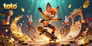 Spin the reels with toto as a playful fox performs tricks over golden poker chips and lively casino elements.