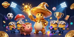 Experience the magic of 888top com with a golden wizard and treasure-hunting pig in an exciting gaming scene.