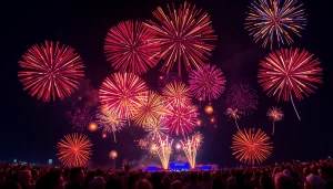 Vibrant fireworks for sale bursting in night sky, showcasing brilliant colors and patterns.