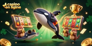 Casino en ligne : orque et raie sautent parmi des pièces dorées, ambiance festive