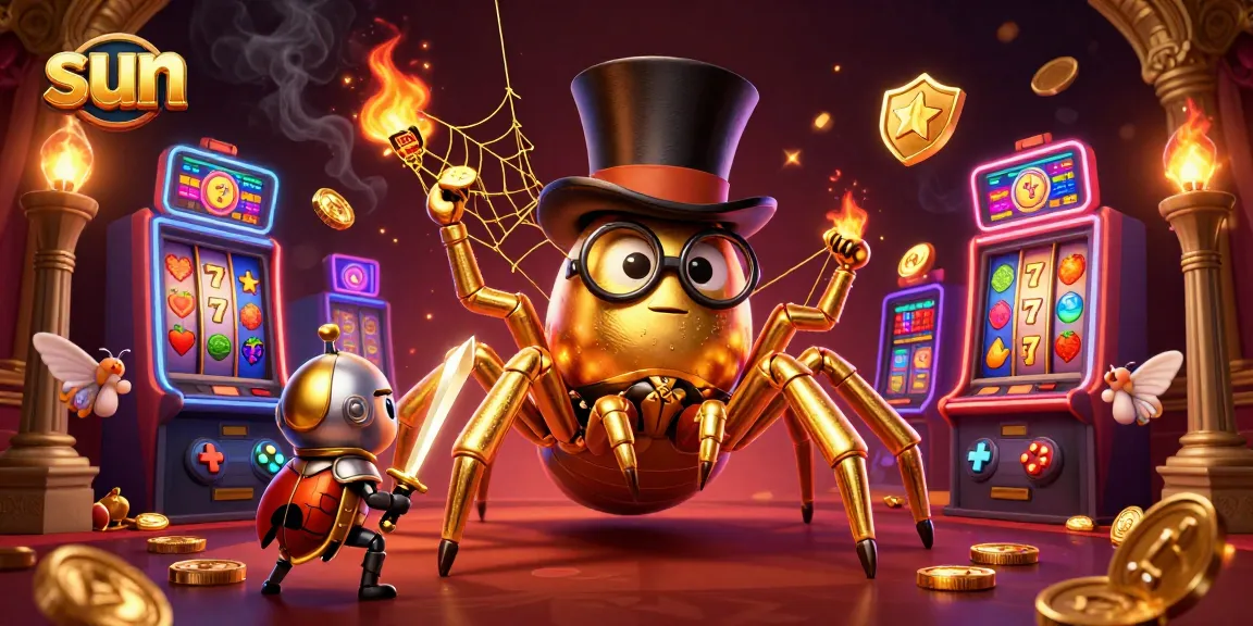 Win big at the sun-themed slot games illustrated with golden tarantula and beetle knight in action.