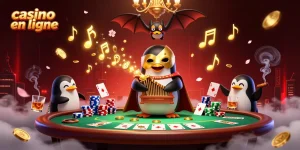 Casino en ligne : jeu passionnant avec un pingouin musicien et des jetons de poker colorés.