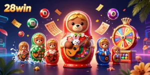 Experience thrilling gameplay at 28win with vibrant casino elements in a festive 3D illustration.