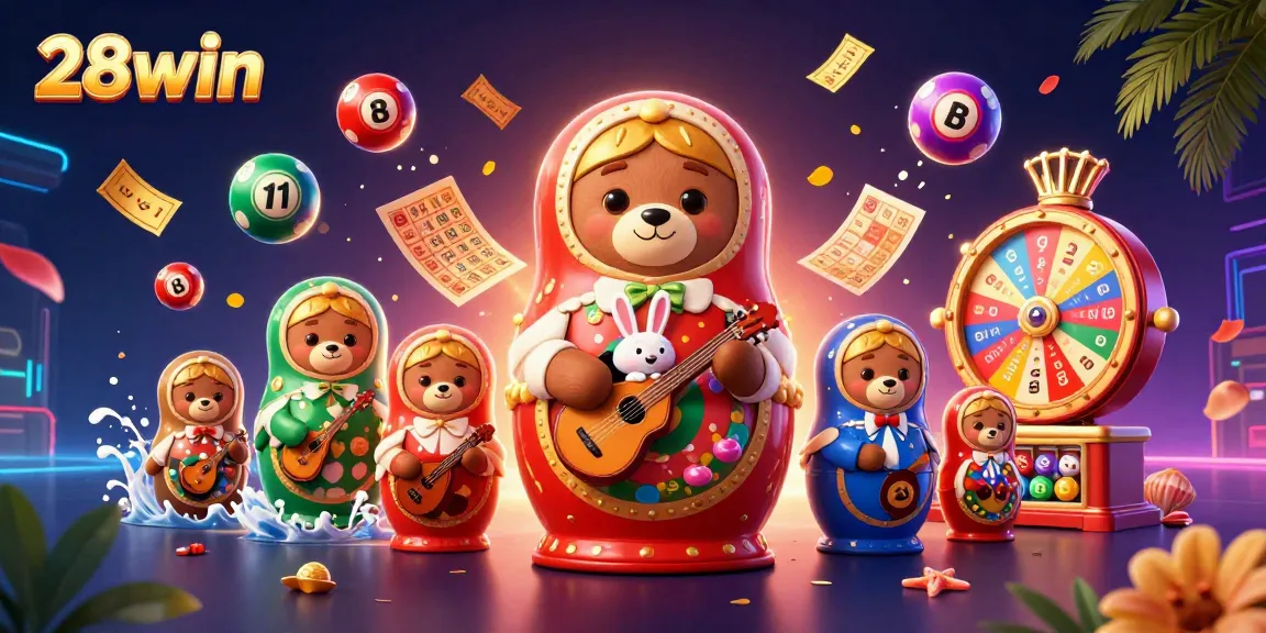 Experience thrilling gameplay at 28win with vibrant casino elements in a festive 3D illustration.