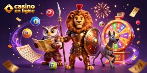 Casino en ligne : Jouez avec des personnages dynamiques autour d'éléments de jeux colorés.
