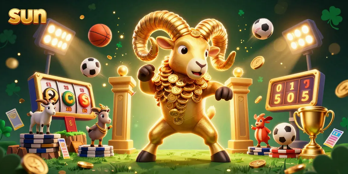 Catch the excitement of sun-themed casino action with a massive golden ram charging through game elements.