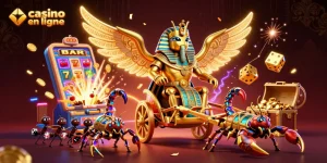 Jouer au casino en ligne dans un design flashy et animé avec un scarabée doré et des machines à sous.