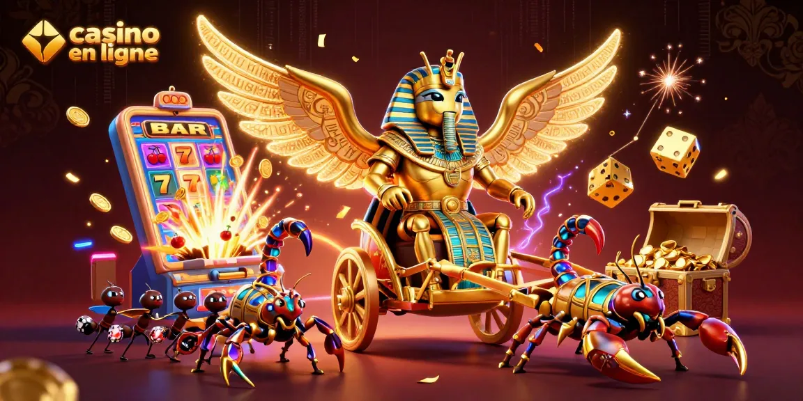 Jouer au casino en ligne dans un design flashy et animé avec un scarabée doré et des machines à sous.