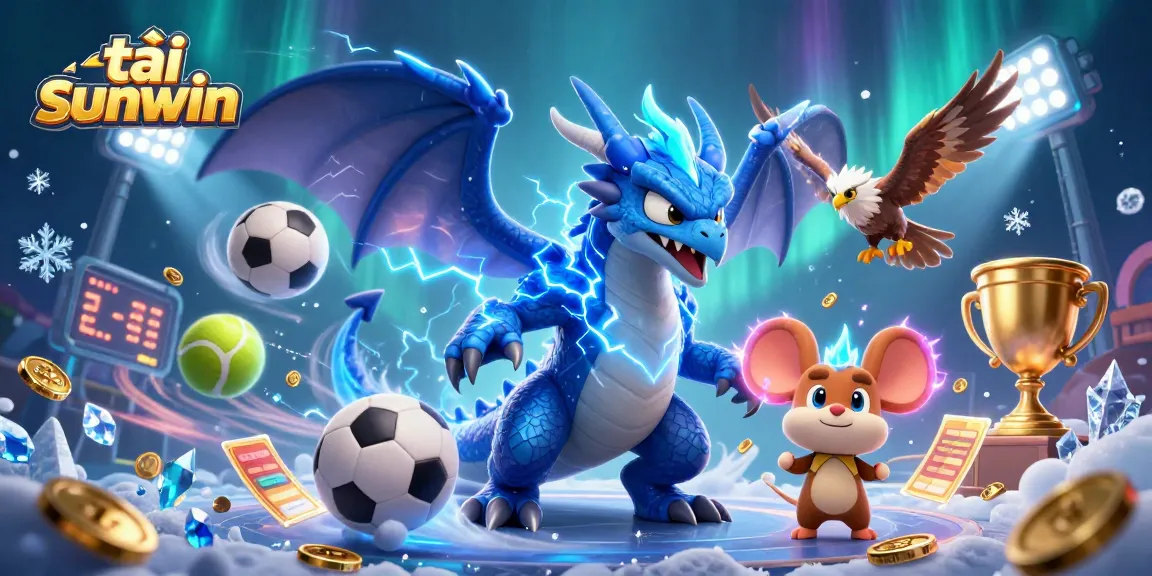 Engage with tải sunwin through an exciting fantasy scene depicting casino gameplay elements with a dragon, hawk, and thunder mouse.