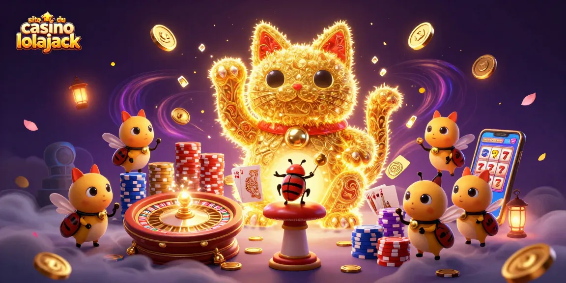 Experience fun at the site du casino lolajack with a lively 3D illustration of a golden lucky cat and dazzling casino elements.