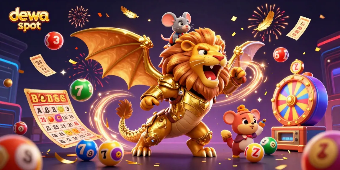 Permainan dewa slot menampilkan makhluk chimera 3D meriah dengan bola lotere warna-warni bertebaran.