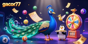 Menggajukan kemenangan di gacor77 dengan peacock mewah, penguin pembawa chip emas, dan hummingbird berkilau.